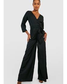 Boohoo Tall Leopard Jacquard Satin Tie Front Wide Leg Jumpsuit - Black - 6