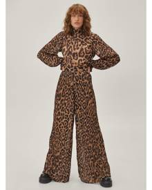 Boohoo Leopard High Neck Pleated Wide Leg Jumpsuit - Beige - 6