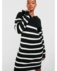 Boohoo Tall Half Zip Striped Jumper Dress - Black - S