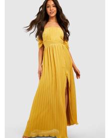 Boohoo Bardot Pleated Chiffon Maxi Dress - Yellow - 10