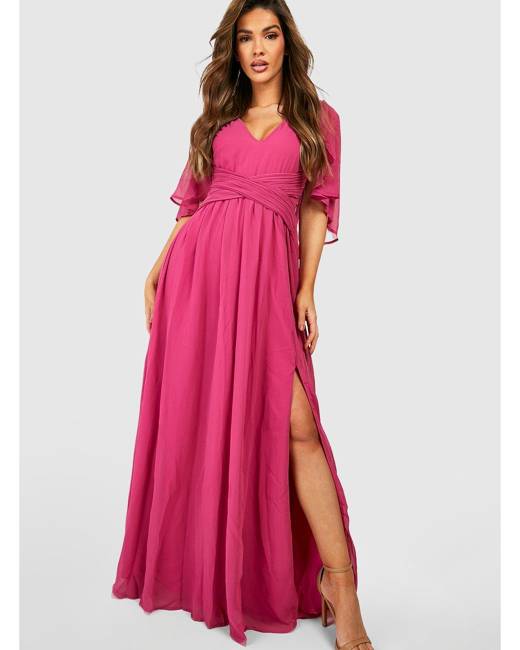 ASOS DESIGN Maternity Bridesmaid ruched bodice drape maxi dress with wrap  waist and flutter cape sleeve in blush