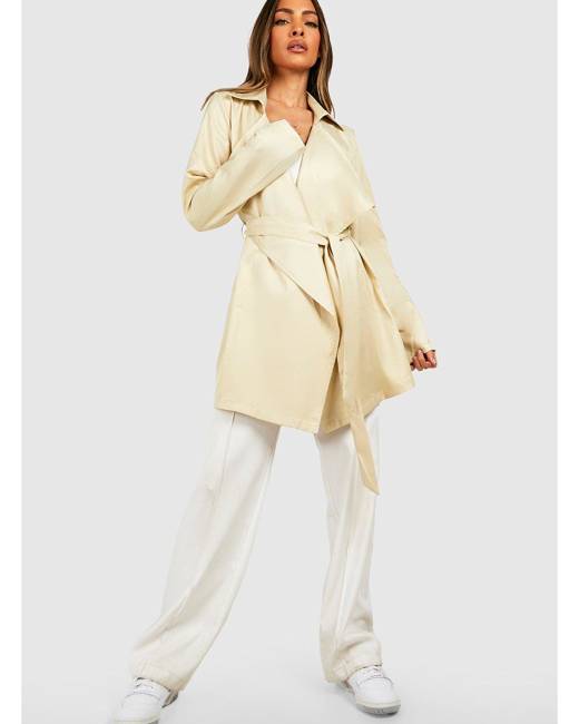 boohoo Belted Short Textured Wool Look Trench Coat - Beige - Size 4