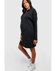 Boohoo Maternity Textured Rib Half Zip Oversized Jumper Dress - Black - 8