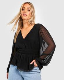 Boohoo Plus Mesh Peplum Top - Black - 16