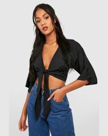 Boohoo Tall Tie Front Crop Blouse - Black - 6
