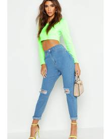 Boohoo Basics High Waisted Ripped Mom Jeans - Blue - 6