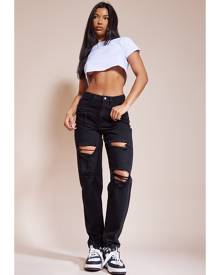 PRETTYLITTLETHING Washed Black Ripped Mom Jeans