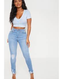 PrettyLittleThing Shape Light Wash High Waisted Ripped Cuff Jeans