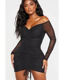 PrettyLittleThing Shape Black Mesh Ruched Bardot Bodycon Dress