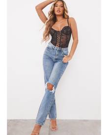 PrettyLittleThing Mid Blue Wash Open Knee Long Leg Straight Leg Jeans