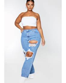 PRETTYLITTLETHING Plus Mid Blue Ripped Straight Leg Jeans