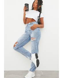 PRETTYLITTLETHING Light Blue Wash Open Knee Ripped Hem Mom Jeans