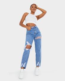 PRETTYLITTLETHING Mid Blue Wash Open Knee Ripped Hem Mom Jeans