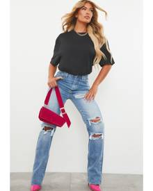 PRETTYLITTLETHING Mid Blue Wash Ripped Long Leg Straight Jeans