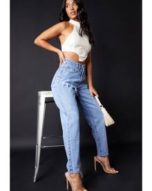 PRETTYLITTLETHING Petite Light Blue Wash Thigh Ripped Mom Jeans