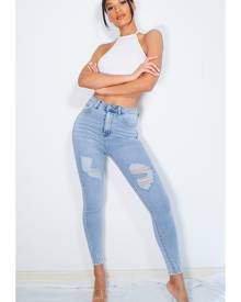 PRETTYLITTLETHING Vintage Wash Ripped Hem 5 Pocket Skinny Jeans