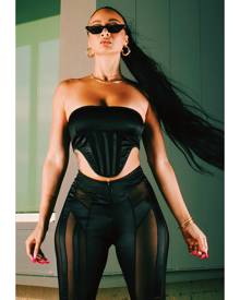PrettyLittleThing Black Mesh Panel Cropped Corset Bandeau Top