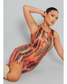 PrettyLittleThing Neon Orange Abstract Print Ribbed Multi Keyhole Cut Out Sleeveless Bodycon Dress