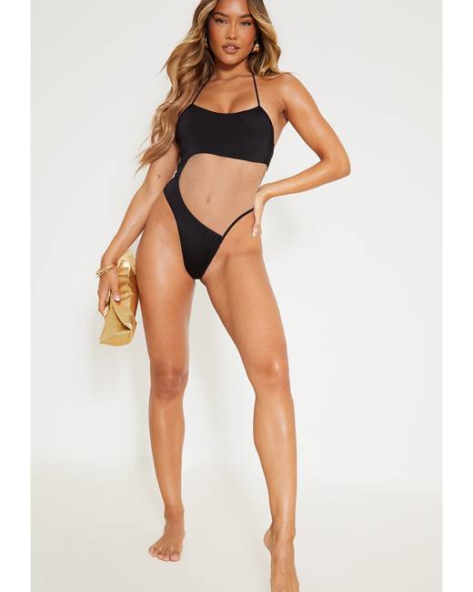 Black Hammered Trim Deep Plunge Cut Out Swimsuit