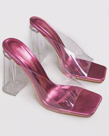 PrettyLittleThing Pink Wide Fit Metallic Vinyl Strap Mid Clear Block Heeled Mules