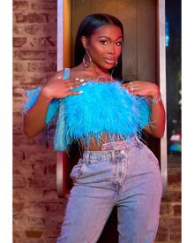 PrettyLittleThing Premium Blue Bardot Feather Crop Top