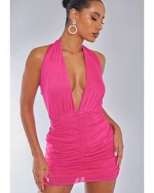 PrettyLittleThing Pink Mesh Extreme Plunge Ruched Bodycon Dress