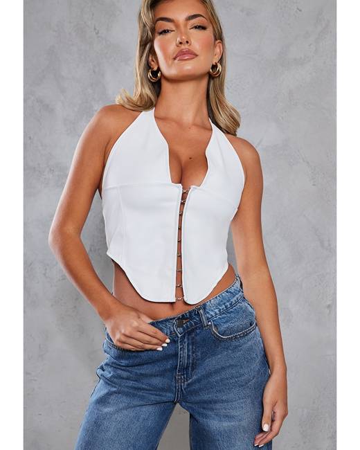 White Rib Lace Up Strappy Back Halter Crop Top