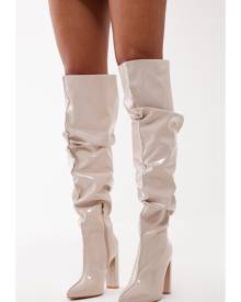 PrettyLittleThing Cream Vinyl Point Toe Seam Detail Over The Knee High Block Heeled Boots