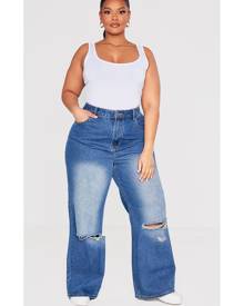 PrettyLittleThing Plus Vintage High Waist Ripped Knee Straight Leg Jeans