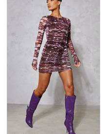 PrettyLittleThing Purple Abstract Print Mesh Ruched Bodycon Dress