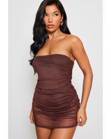 PrettyLittleThing Chocolate Mesh Ruched Bandeau Bodycon Dress