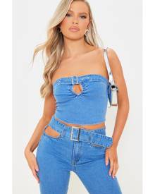 PrettyLittleThing Light Blue Wash Belt Detail Bandeau Denim Top