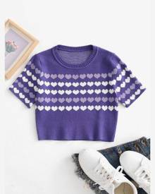 Zaful Heart Graphic Short Sleeve Crop Knit Sweater