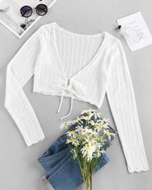 ZAFUL Plunge Tie Pointelle Knit Crop Cardigan