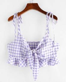 ZAFUL Gingham Tie Strap Ruffle Knot Cami Top