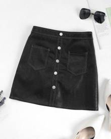 Zaful Pockets Mock Button PU Leather Mini Skirt