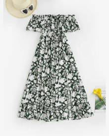 Zaful Off Shoulder High Split Floral Print Dress