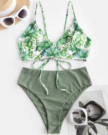 ZAFUL Palm Leaf Lace-up Tropical Bikini Swimwear
