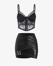 Zaful Lace Corset-style Cami Top And PU Leather Bodycon Skirt Set