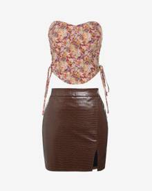 Zaful Flower Print Lace Up Corset Top and PU Slit Mini Skirt Set