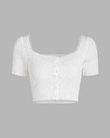 Zaful Rib Knit Button Up Crop T Shirt