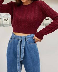 ZAFUL Cable Knit Openwork Crop Sweater