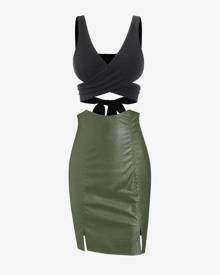 Zaful Plunge Crossover Tied Top and PU Slit Bodycon Skirt Set