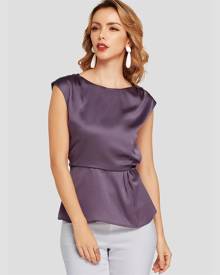 Yoins Purple Pleated Round Neck Cap Sleeves Stretch Waistband Tee
