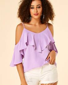 YOINS Purple Spaghetti Strap Cold Shoulder Ruffle Trim Blouse