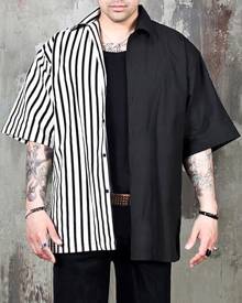 Yoins Men Fashion Black Striped Patchwork Hip-hop Personality Casual Short Sleeve Shirt