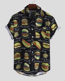 Yoins Men Summer Loose Cartoon Printed Interesting Hamburger Printing Shirt