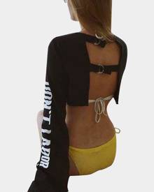 Yoins Black Active Round Neck Cut Out Letter Pattern Backless Design Crop Sweatshirt