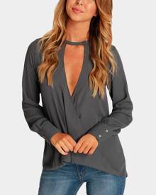 Yoins Grey Wrap Front Deep V-neck Blouse