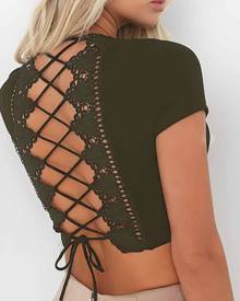 Yoins V-neck Criss-cross Back Crop Top in Army Green